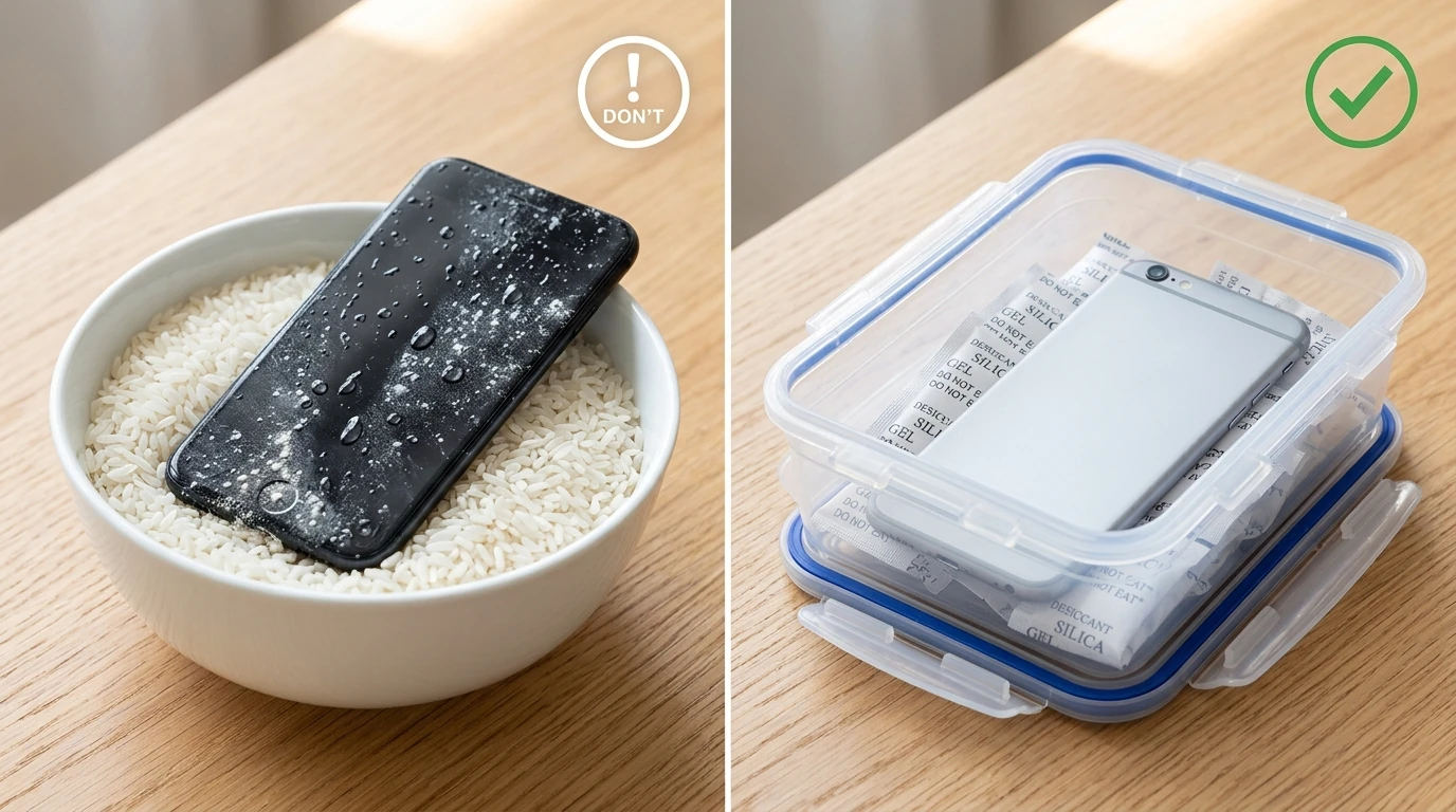 Why uncooked rice deposits starch clogs compared to safe silica gel desiccant packs